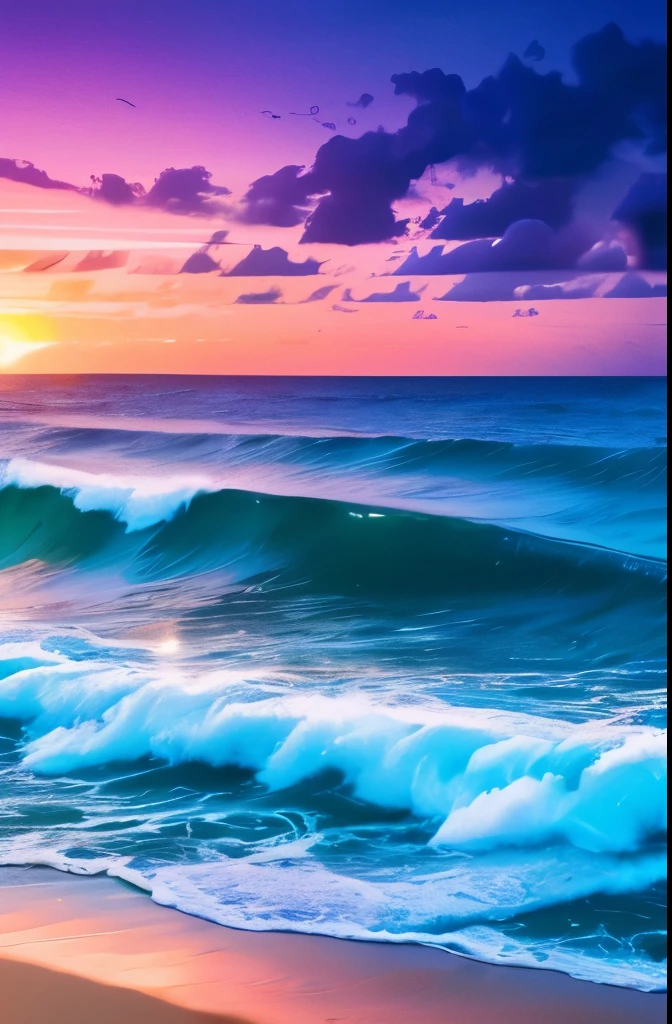 a purple and blue sunset over the ocean with waves, beautiful vibrant colors, beautiful colors, stunning colors, gorgeous colors, magical colours and atmosphere, breathtaking colors, amazing colors, magical colors and atmosphere, beautiful colours, vividly beautiful colors, amazing colours, moody beautiful colors, beautiful colorful, dreamy colors, very vibrant colors, colorful glow, vibrant moody colors