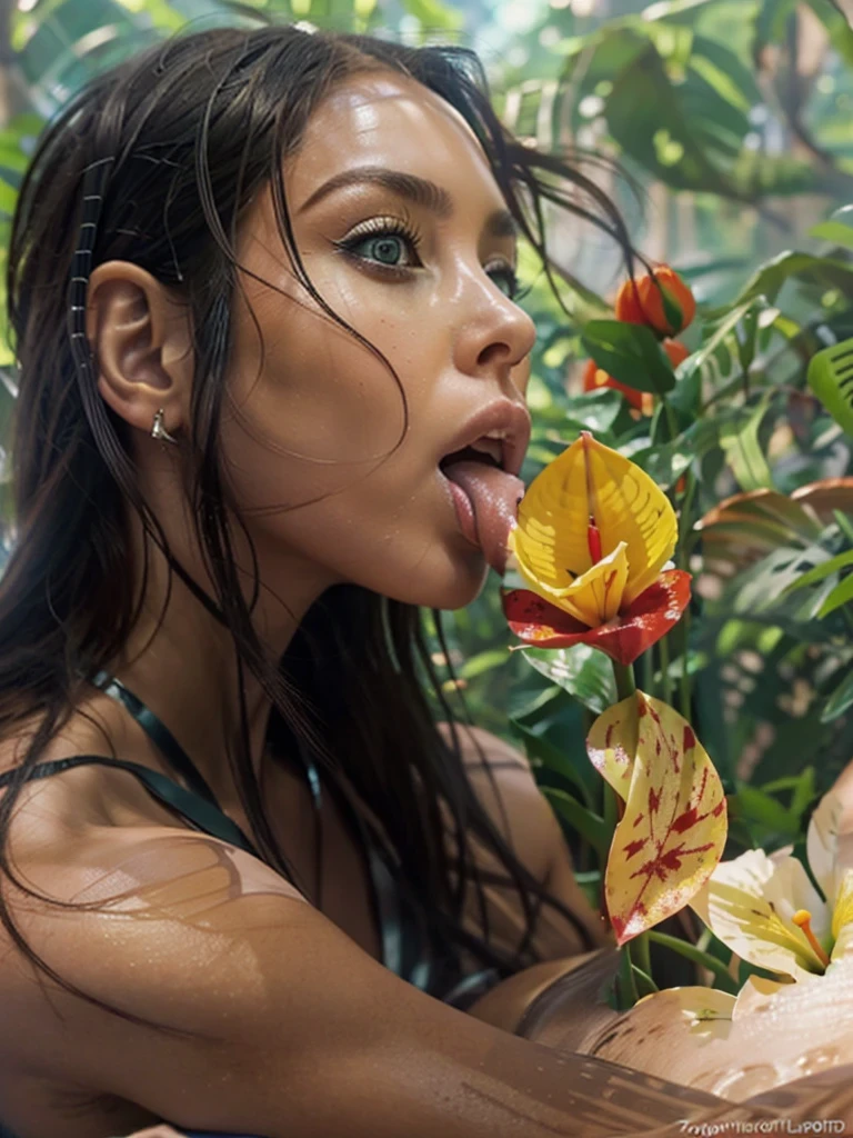 a large anthurium flower, golden nectar flows from the flower