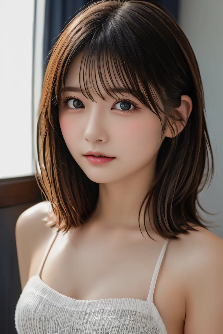 Highest quality, (beautiful)、beautiful女性、、Precision Eyes、Brown eyes、Completely naked、Looking into the camera、Soft Breasts、Medium Hair、Inward curl hair、Straight Hair、WetTshirt、Tied up hair