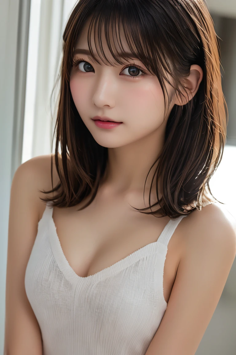Highest quality, (beautiful)、beautiful女性、、Precision Eyes、Brown eyes、Completely naked、Looking into the camera、Soft Breasts、Medium Hair、Inward curl hair、Straight Hair、WetＴshirt、Tied up hair