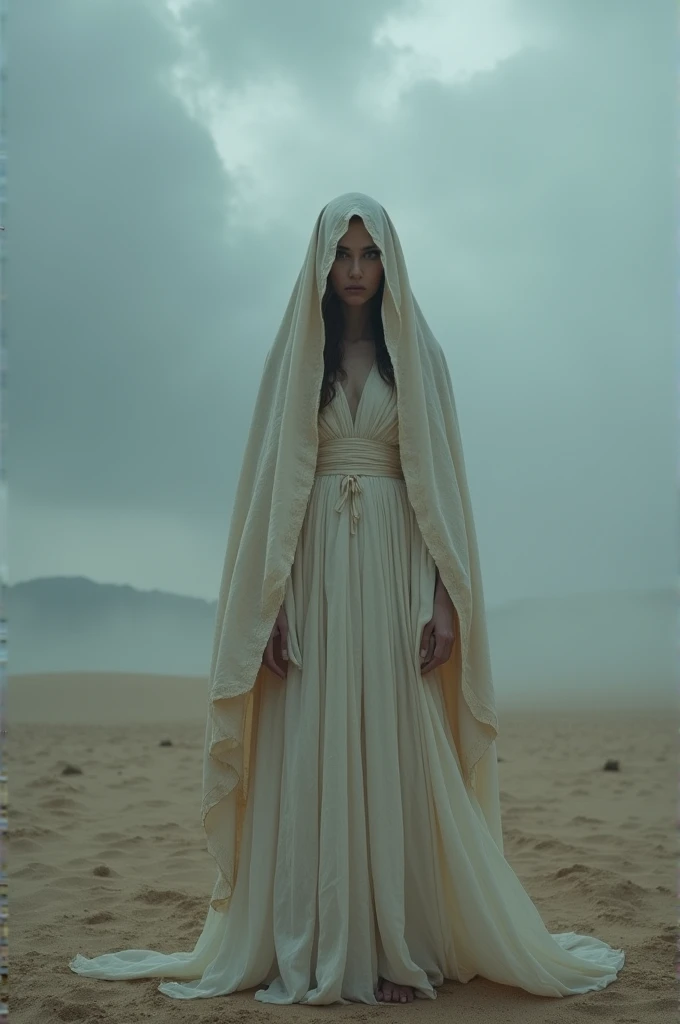 Draw a Woman standing wearing an old white cloak in a sand field in cloudy, dark, scary and cold weather with a heavy fog blotting out the horizon. Dark fantasy