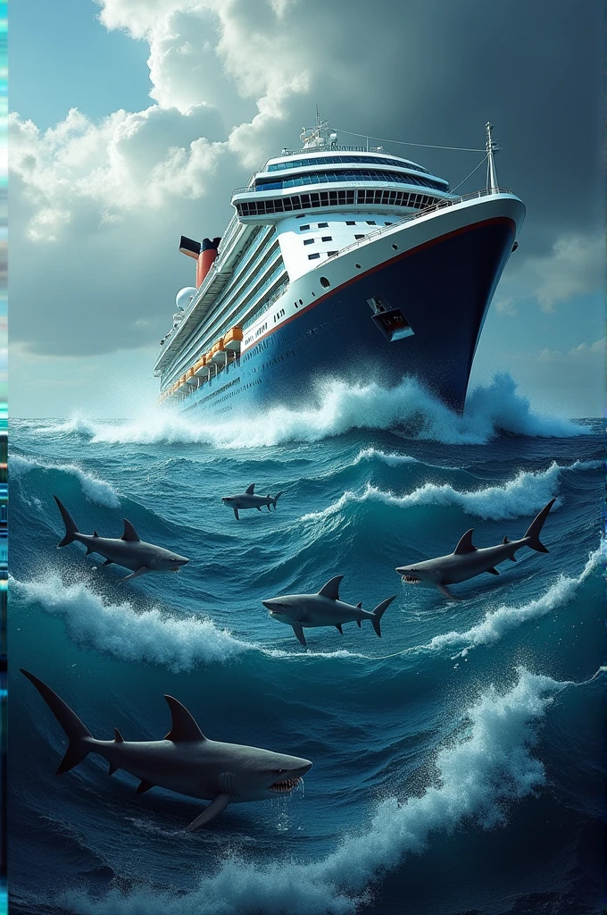 Draw me a picture of a cruise ship in the middle of the sea that is sinking and surrounded by sharks.