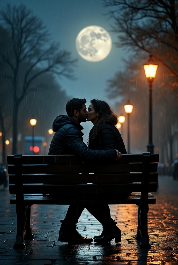 Couples kissing eachother in a single bench have a street light near at night ,raining , moon in the sky , holding ther hips eachother 