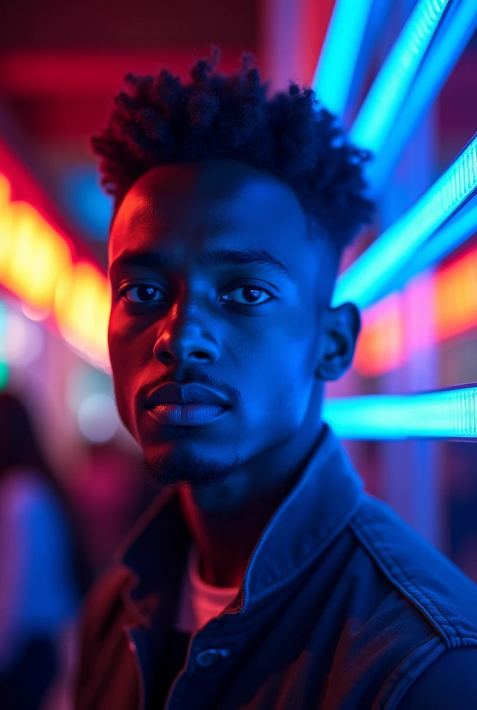 Generate an image of Ethiopian teenager man slightly white skin ton with a blue and red led lights effects size of image 1:1