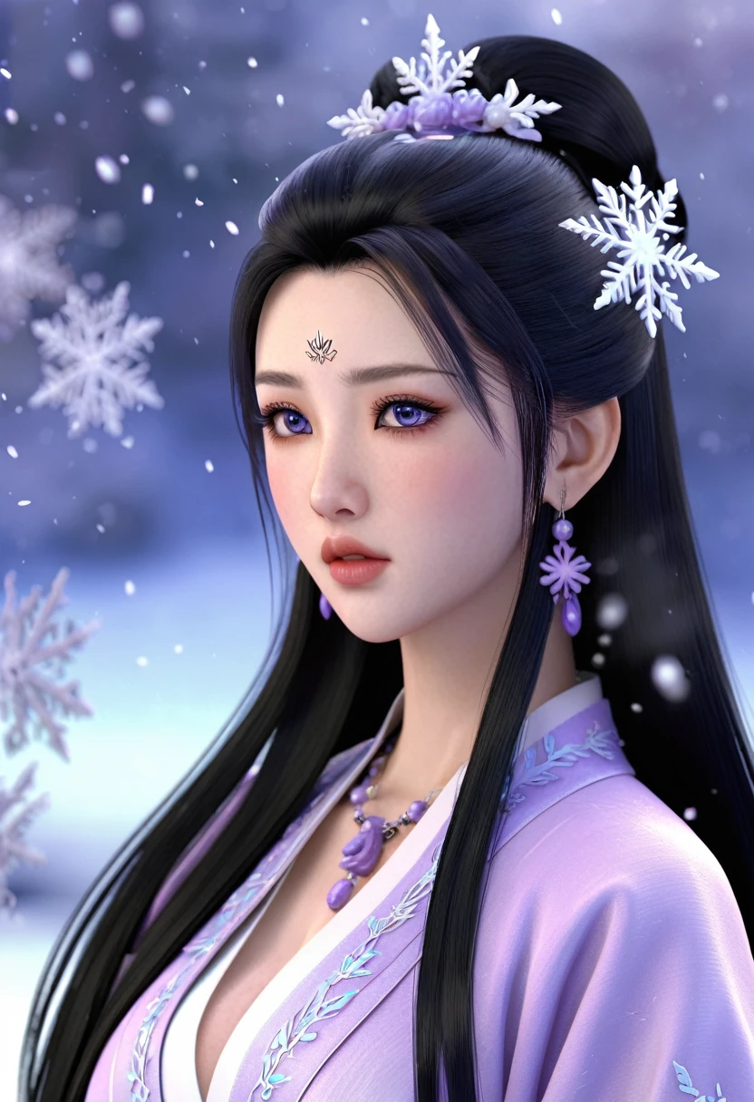 anime human woman. half-up long black hair. fair skin. purple eyes. gigantic boobs. Wuxia clothes. snowflake necklace. mauve lips. Realism style. 3D anime model style. CGI animation. Wuxia style.