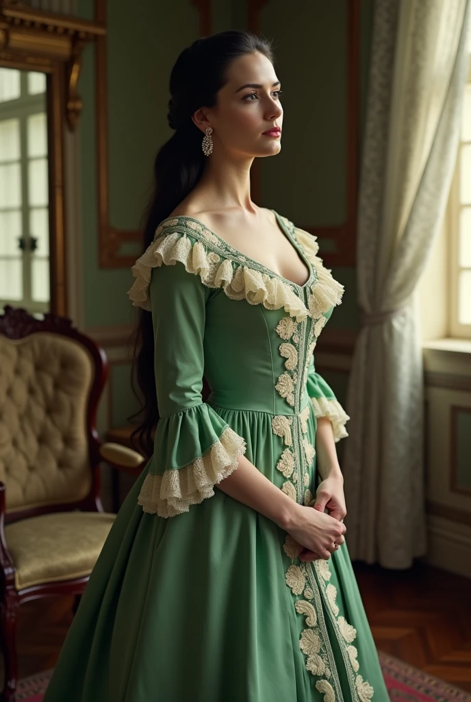 Pale older woman with black tied hair wearing a green dress with white ruffles in the style of 1800 painting