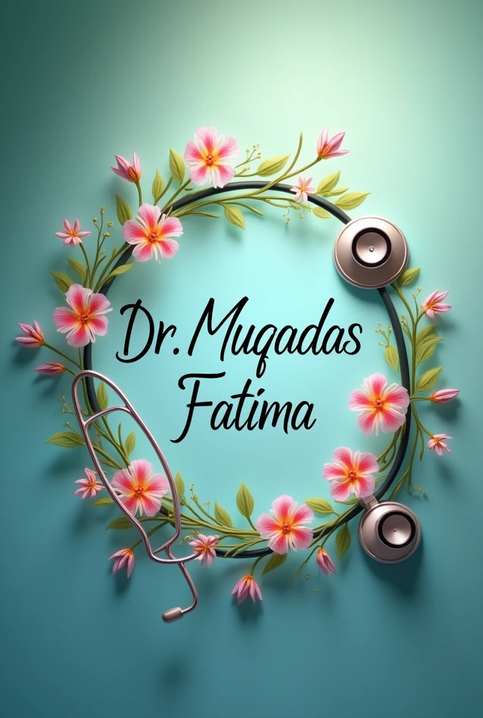 Create a picture where name "Dr Muqadas Fatima" should be written and hand stethoscope on it