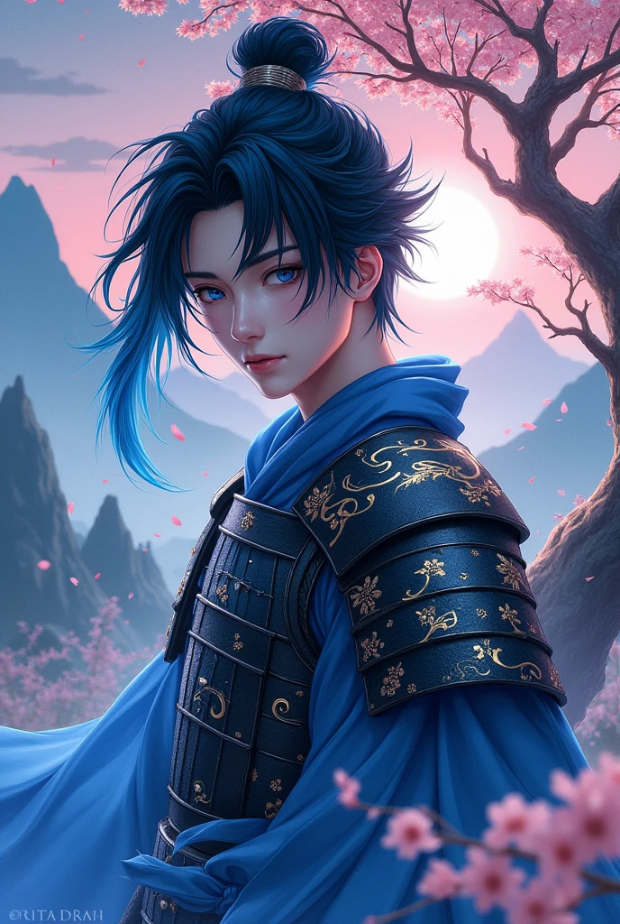 put the name: (The Eminent Divine Spirit), written in the drawing. Create a character, MASCULINE with warrior style JAPANESE ANIME STYLE, black hair with a cobalt blue strand in a single hair, cobalt blue eyes.