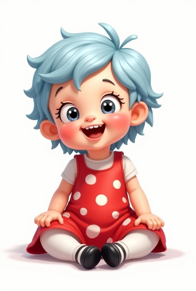 One cartoon baby witght blue hair wearing red dress with white dots white tights and black doll shoes white background