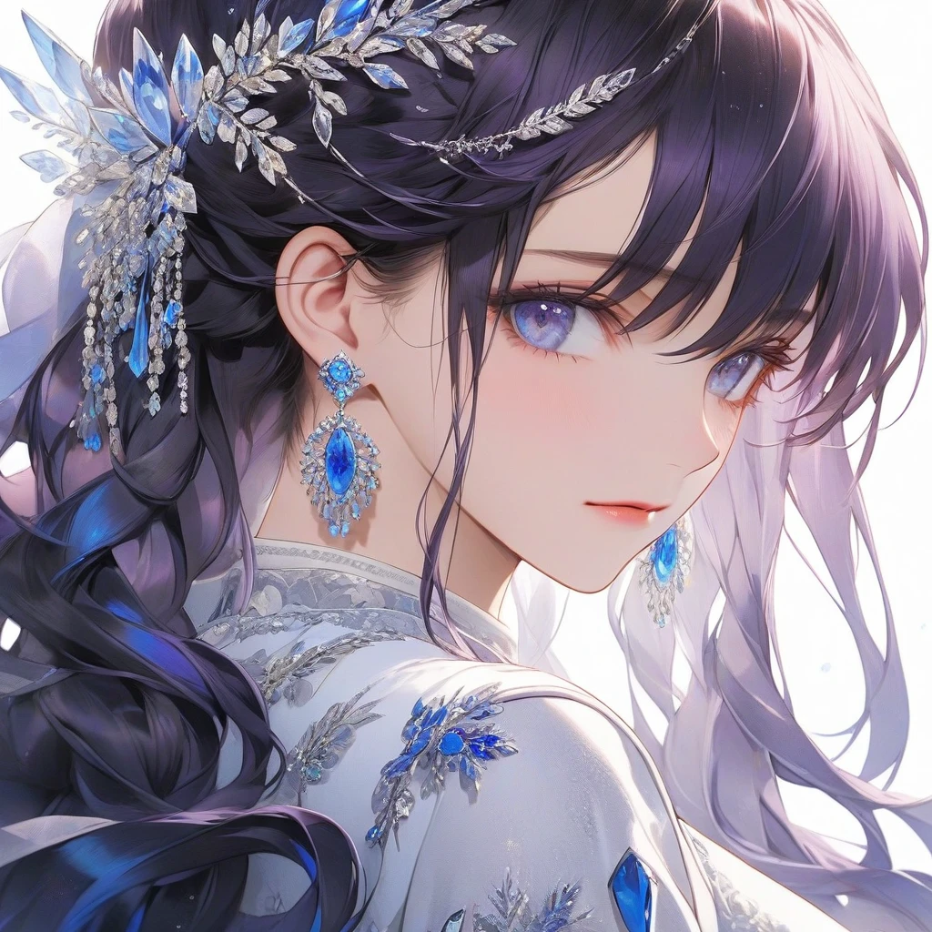 high resolution, Masterpiece, Anatomically correct, precise, qualityที่ดีที่สุด, quality, 1 woman, Age 20 years, very long hair, dark purple hair, icy blue eyes, Unique hairstyles, big breasts, earring, Dark makeup, A shy expression., simple background, Close-up photography, decorations, Anime style , royality , princress ,cute