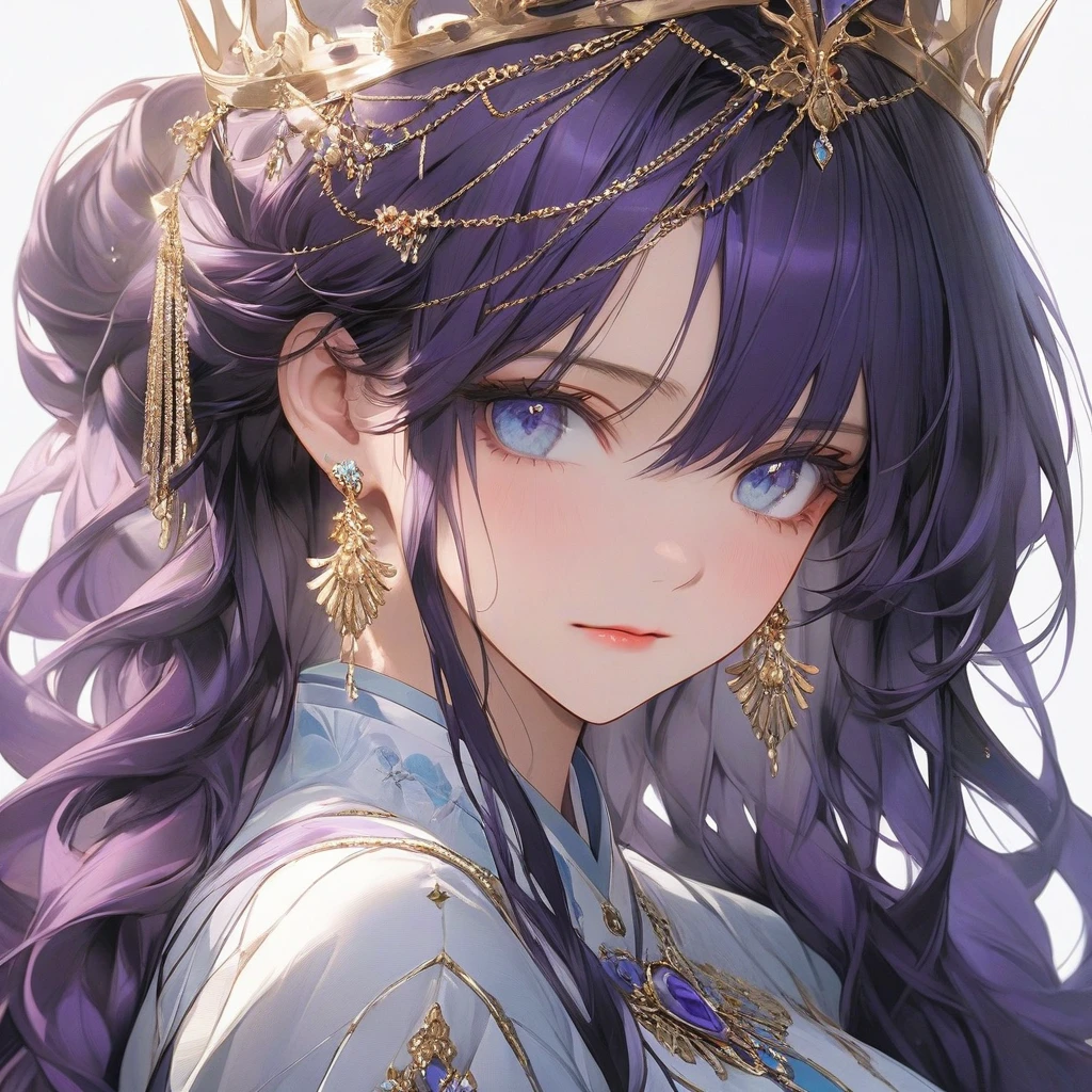 high resolution, Masterpiece, Anatomically correct, precise, qualityที่ดีที่สุด, quality, 1 woman, Age 20 years, very long hair, dark purple hair, icy blue eyes, Unique hairstyles, big breasts, earring, Dark makeup, A shy expression., simple background, Close-up photography, decorations, Anime style , royality , princress ,cute