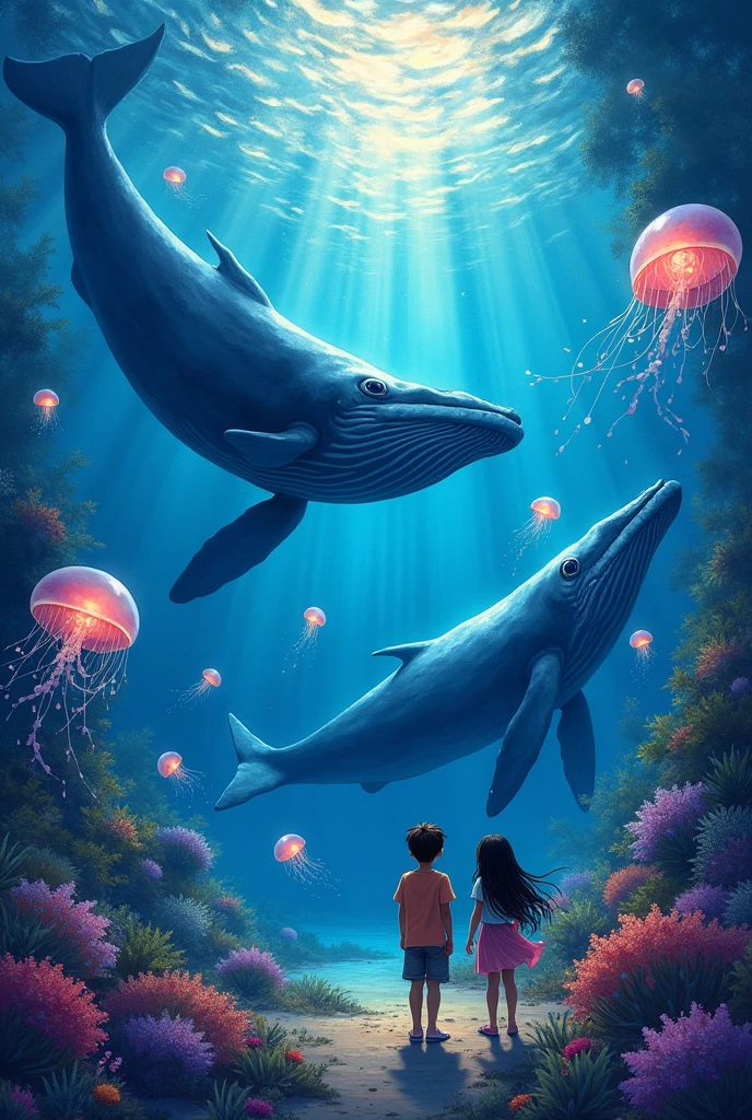 Painting of whales swimming in colorful ocean, Look up at the composition, Jellyfish and whales, Inspired by Cyril Roland, A beautiful artistic illustration, author:Shitao, Colorful conceptual art, Makoto Shinkai, Cyril Roland, cyril rolando style, whale, Highly detailed watercolor 8k, Highly detailed watercolor 8k,Octane,Come to an end,actual,8k,Xin Haicheng's style( Reasonably designed, Clear lines, High Definition,best quality, Very detailed, Subject, Cinematic lighting effects, 4K ),A boy and a girl swimming underwater,Dreamlike and magical,fish,