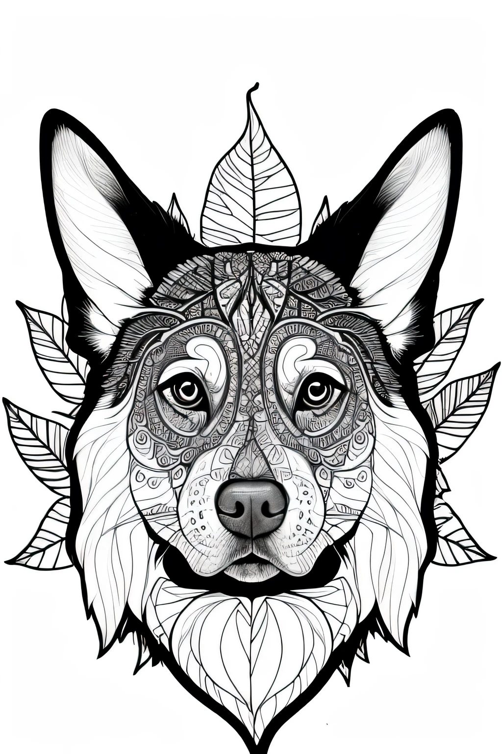 Adult coloring page, bold lines, dark lines, realistic dog face, with leaves,
face, symmetrical, white background,
clean line art, thin line art.
Image should not go beyond the top margin.