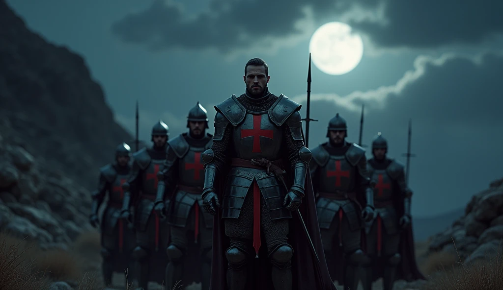 A highly realistic, high-contrast, 8K HD, detailed, hyper-detailed image of a group of Crusader knights, led by the protagonist in steel armor with a red cross emblem on his chest, all facing the same direction under the cover of night. The protagonist's face is clearly visible, showing determination and resolve as he leads the group. The other knights stand united beside him, their swords at the ready, as they prepare to face the challenges ahead. The dramatic landscape around them is illuminated only by the faint light of the moon and stars, with rugged terrain and ominous skies heightening the intensity of the scene. The atmosphere is tense yet filled with camaraderie and resolve, capturing the unity and unyielding spirit of the Crusaders as they stand together in the darkness. The image is of the highest quality, with ultra-high resolution, RAW photo quality, and Unreal Engine rendering, showcasing the solidarity and strength of the Crusaders, with the protagonist leading them under the night sky.