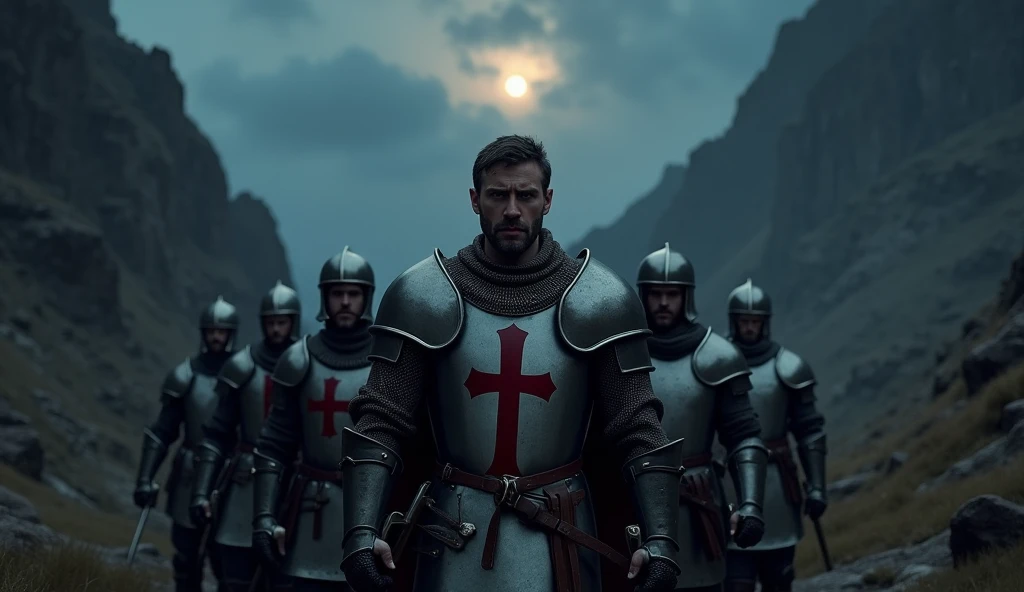 A highly realistic, high-contrast, 8K HD, detailed, hyper-detailed image of a group of Crusader knights, led by the protagonist in steel armor with a red cross emblem on his chest, all facing the same direction under the cover of night. The protagonist's face is clearly visible, showing determination and resolve as he leads the group. The other knights stand united beside him, their swords at the ready, as they prepare to face the challenges ahead. The dramatic landscape around them is illuminated only by the faint light of the moon and stars, with rugged terrain and ominous skies heightening the intensity of the scene. The atmosphere is tense yet filled with camaraderie and resolve, capturing the unity and unyielding spirit of the Crusaders as they stand together in the darkness. The image is of the highest quality, with ultra-high resolution, RAW photo quality, and Unreal Engine rendering, showcasing the solidarity and strength of the Crusaders, with the protagonist leading them under the night sky.
