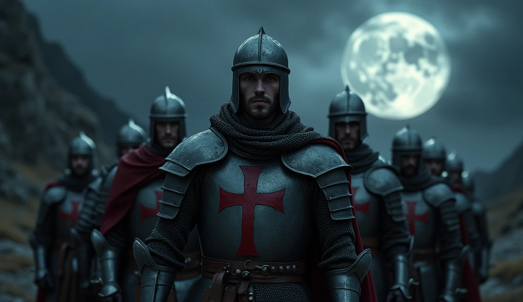 A highly realistic, high-contrast, 8K HD, detailed, hyper-detailed image of a group of Crusader knights, led by the protagonist in steel armor with a red cross emblem on his chest, all facing the same direction under the cover of night. The protagonist's face is clearly visible, showing determination and resolve as he leads the group. The other knights stand united beside him, their swords at the ready, as they prepare to face the challenges ahead. The dramatic landscape around them is illuminated only by the faint light of the moon and stars, with rugged terrain and ominous skies heightening the intensity of the scene. The atmosphere is tense yet filled with camaraderie and resolve, capturing the unity and unyielding spirit of the Crusaders as they stand together in the darkness. The image is of the highest quality, with ultra-high resolution, RAW photo quality, and Unreal Engine rendering, showcasing the solidarity and strength of the Crusaders, with the protagonist leading them under the night sky.

