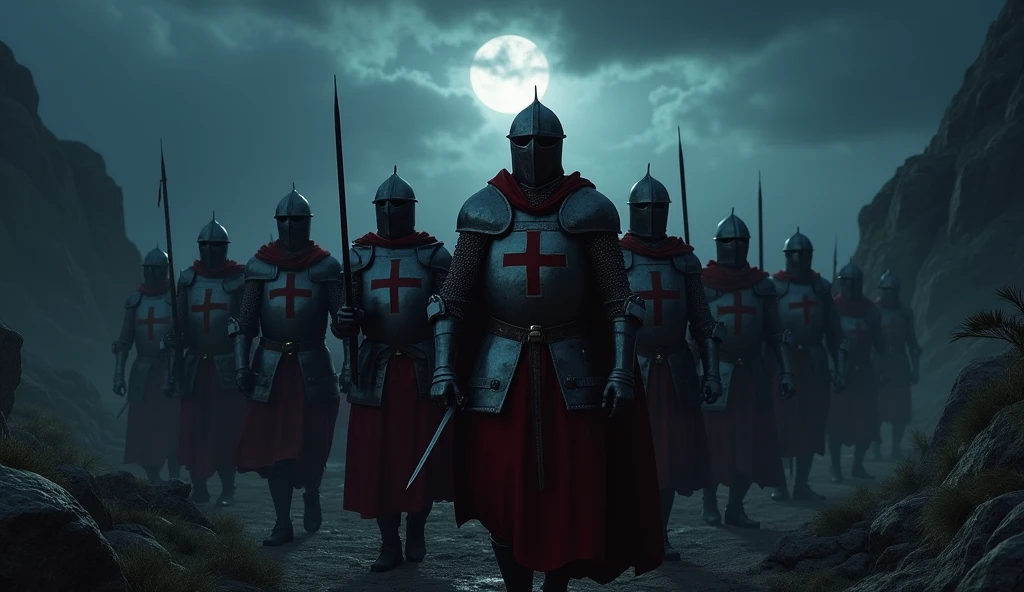 A highly realistic, high-contrast, 8K HD, detailed, hyper-detailed image of a group of Crusader knights, led by the protagonist in steel armor with a red cross emblem on his chest, all facing the same direction under the cover of night. The protagonist's face is clearly visible, showing determination and resolve as he leads the group. The other knights stand united beside him, their swords at the ready, as they prepare to face the challenges ahead. The dramatic landscape around them is illuminated only by the faint light of the moon and stars, with rugged terrain and ominous skies heightening the intensity of the scene. The atmosphere is tense yet filled with camaraderie and resolve, capturing the unity and unyielding spirit of the Crusaders as they stand together in the darkness. The image is of the highest quality, with ultra-high resolution, RAW photo quality, and Unreal Engine rendering, showcasing the solidarity and strength of the Crusaders, with the protagonist leading them under the night sky.