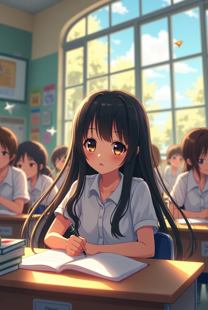 Create a tall, funny girl with a big beautiful smile, long black anime schoolgirl hair sitting at a desk with her legs crossed.