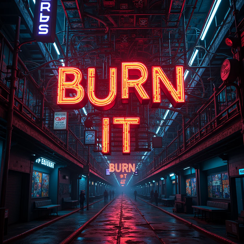 intricate typographic poster, anime style typography, Large text everywhere "BURN IT", dramatic lighting, bright colors, neon glow, futuristic elements of science fiction, detailed inscriptions, dynamic composition, moody atmosphere, stark contrasts, urban cyberpunk aesthetics, complex parts, Seamless Integration, masterful execution