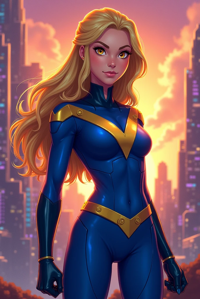 Create an image of Lana Storm, a young superheroine of 15 years old, who is part of a quartet. She is a blonde girl with honey-colored eyes, wearing a uniform similar to the Fantastic Four. The uniform is a sleek blue suit with the iconic 'V' emblem on the chest. Lana is in a confident pose, with a determined expression on the face, ready for action alongside her team. The background should show a dynamic and futuristic cityscape, highlighting her heroic nature