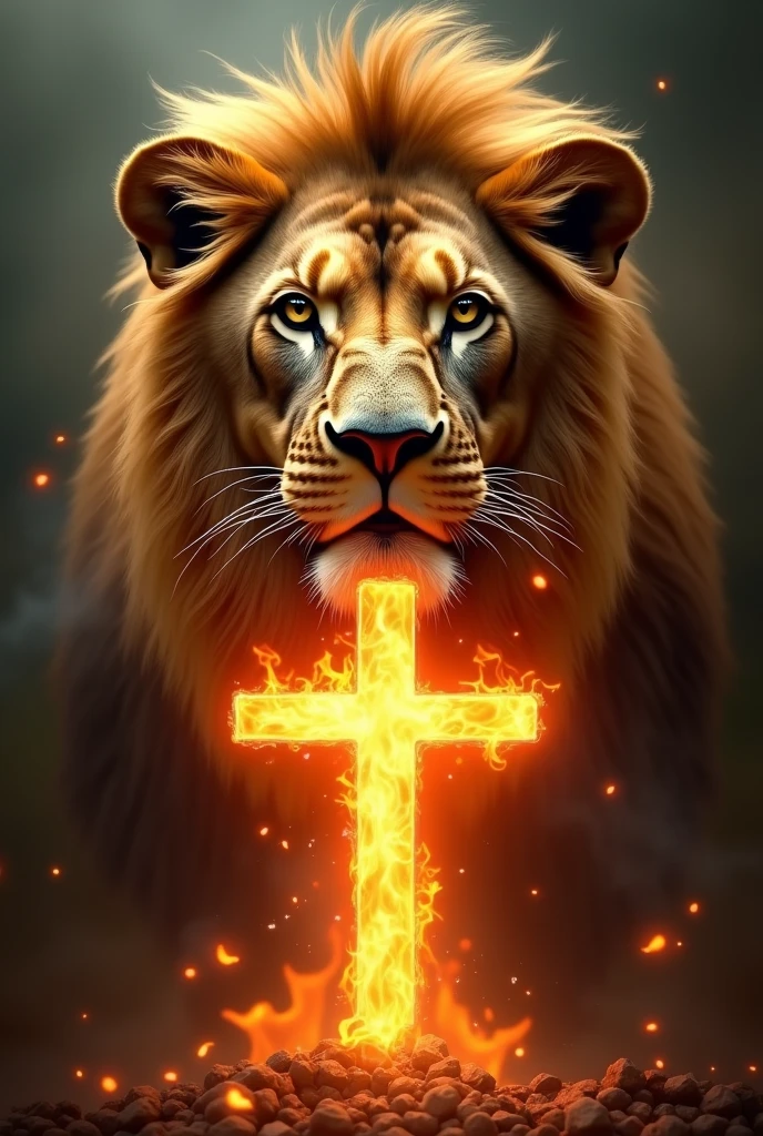The face of a lion with a transparent cross in flames in the middle