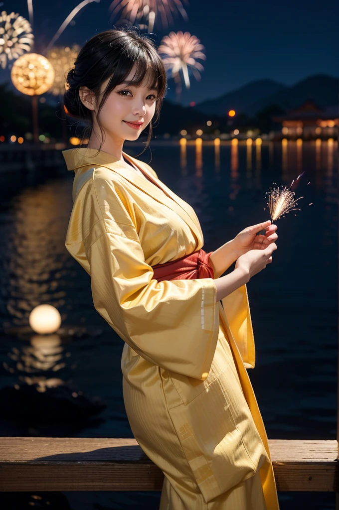 Japanese women、22 years old、(Fireworks are bursting in the background)、Front view、(small乳輪:1.5)、(small胸:1.2)、(bangs)、(small), (masterpiece, Highest quality), ((Looking into the camera)),(((I can see your chest))),(Nipples are visible:1.5), whole body、(((Light brown hair))),Correct number of arms、Navy blue yukata with hydrangea pattern、Yellow Belt、Front view、night、(night空)、(night空に花火),(Looking into the camera),