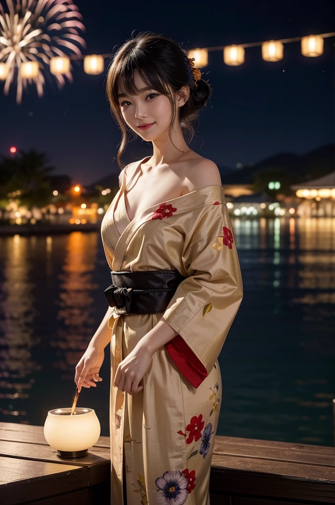 night、A glamorous atmosphere、firework、A dull yellow yukata、Red wide belt、Cotton kimono、（night景、night、smile）、night空、bangs、No makeup、（masterpiece、8K,RAW Photos、High resolution:1.4）、The girl&#39;s calm expression is enhanced by her soft look.。 Using the Canon EOS R6 Mark II with the Sigma 50mm f/1.4 DG HSM Art Lens、シーンのあらゆるニュアンスがHigh resolutionでキャプチャされます。