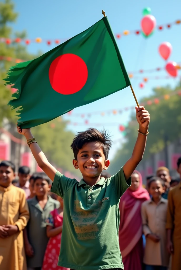 Front view of a boy raising the flag of Bangladesh in the air infront of many people