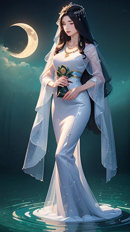 (masterpiece,Highest quality,,8k,High resolution),One female,,Compassionate Mother Kannon,Black Hair,,Wave,,Standing on the surface of the water,,flower,bird,,moon,,jewelry,Holding,Long sleeve,Veil,necklace,Lotus,Long Hair,dress,(whole body),Highly detailed CG,