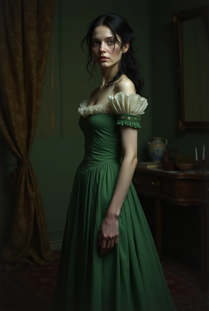 Pale older woman with tied black hair wearing a green dress with white ruffles in 1800 style, dark painting of the face 