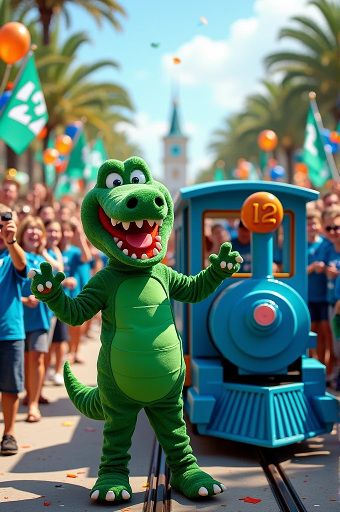 Green alligator costume, blue train, green and blue rocket in the middle of many people with blue and green shirts holding blue flags with the number 12