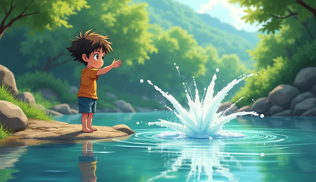 River, trees, boy, beautiful scenario, stone thrown to river which creates splash, in anime style,