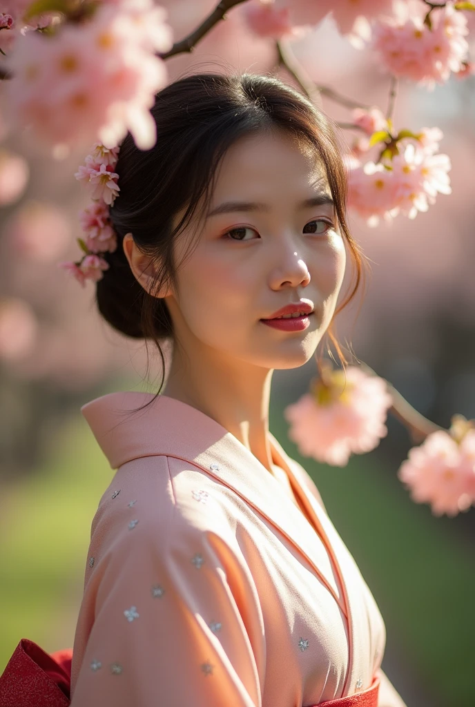 An elegantly dressed Japanese woman in natural light、A close-up of her chest and calm expression.、It shows her inner peace and outer charm.。