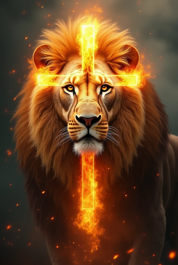 The face of a lion with a transparent cross in flames in the middle of his face