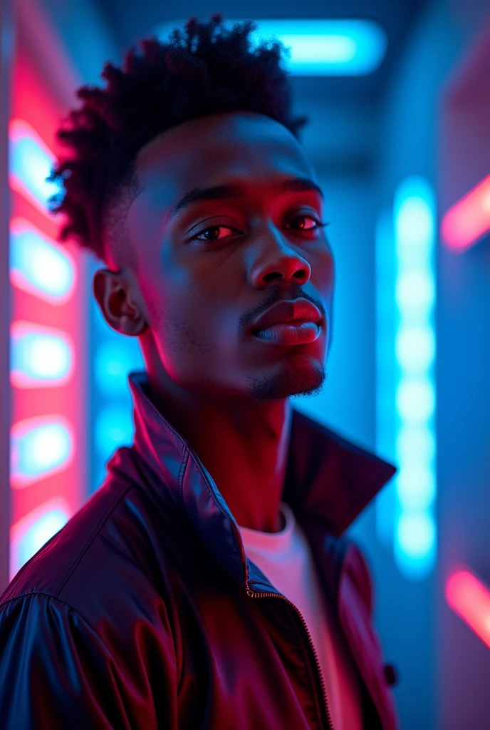 Generate an image of Ethiopian teenager man slightly white skin ton with a blue and red led lights effects size of image 1:1