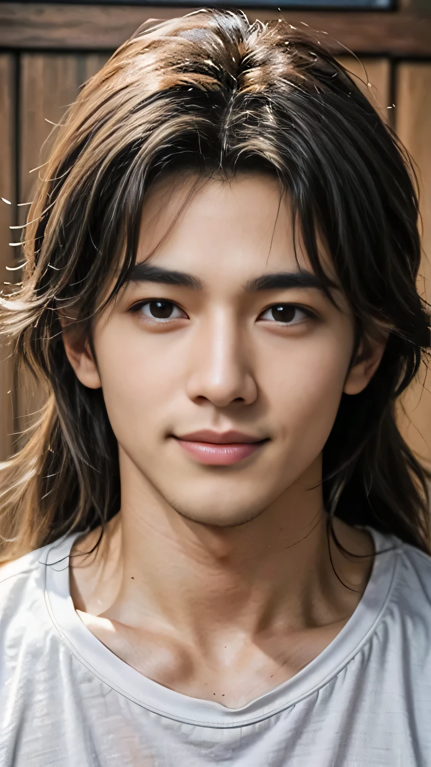 masterpiece, Highest quality, figure, Very detailed, In detail, High resolution, 8k wallpaper, Perfect dynamic composition, Beautiful Men、Super handsome、Beautiful attention to detail , Big eyes、Open the mouse, Sexy Face,A face of ecstasy,The face at the peak of sexual arousal, View your viewers, Childish and innocent expression、((smile))、((Australian/Japanese mix))、((super good looking guy ))、The skin is fine and smooth、No beard、((A beautiful face with a straight nose))、((Long hair like a rock star))、Thin but muscular、((Wearing a white T-shirt))