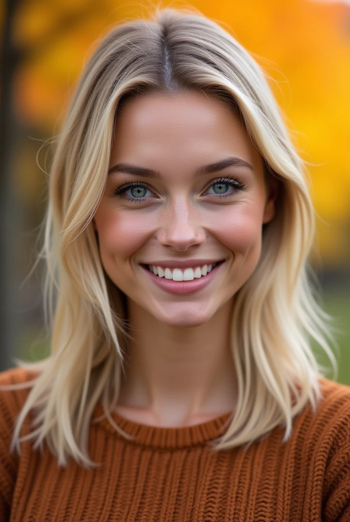 Une belle femme souriante de type suédois, visage arrondi, nez droit et fin, lèvres pulpeuses, yeux bleus, cheveux blonds droits, coupe de cheveux moderne, pose dynamique, photo portrait de face