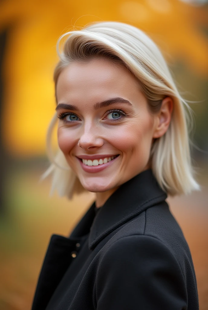Une belle femme souriante de type suédois, visage arrondi, nez droit et fin, lèvres pulpeuses, yeux bleus, cheveux blonds droits, coupe de cheveux moderne, pose dynamique, photo portrait de face