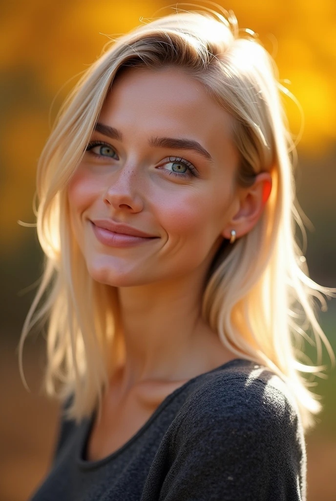 Une belle femme souriante de type suédois, visage arrondi, nez droit et fin, lèvres pulpeuses, yeux bleus, cheveux blonds droits, coupe de cheveux moderne, pose dynamique, photo portrait de face