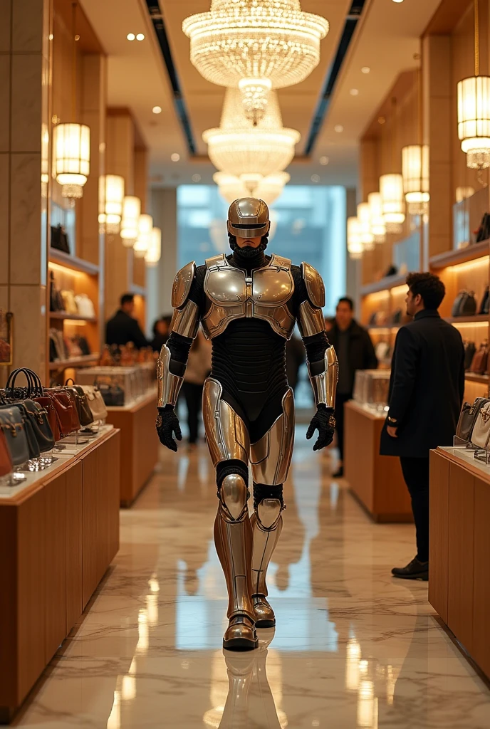 Robocop goes into a luxurious Louis Vuitton store.