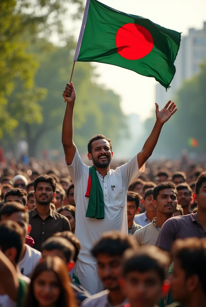 Front view of a men raising the flag of Bangladesh in the air infront of many people