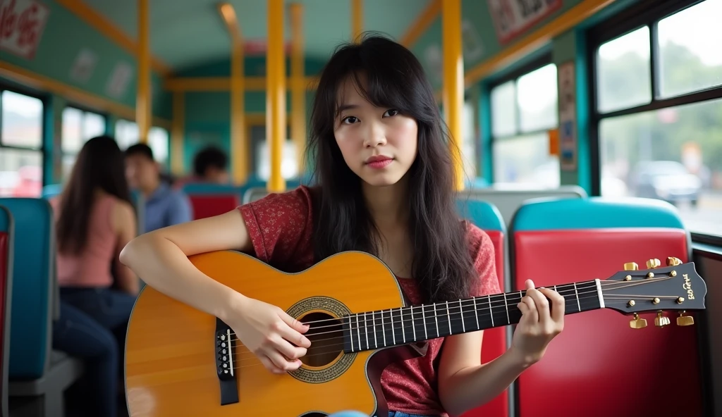 Full body photography, full body sight, Beautiful Asian girl 16 year old, long black messy hair, playing guitar in sitting in the chair of the halte buss. she is looking to camera. TAGS: beautiful girl, playing the guitar, tourists, lively atmosphere, Ruas movimentadas, swirly vibrant colors, street art, cultural experience