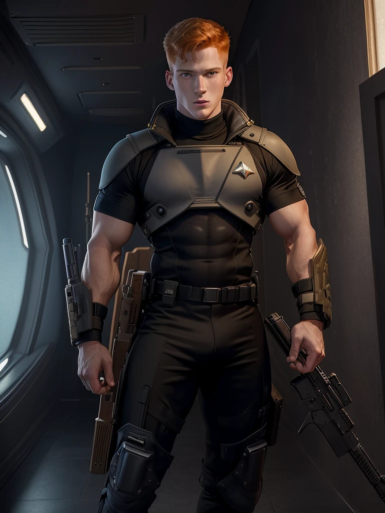  Ultra-detail, (highres:1.1), best quality, (masterpiece:1.3), handsome 23yo ginger male model posing as starship officer, wearing a rifle,, fit muscled, perfect biceps, thin waist, perfect jawline, modern haircut, dynamic posture posing full-body from side looking forward,