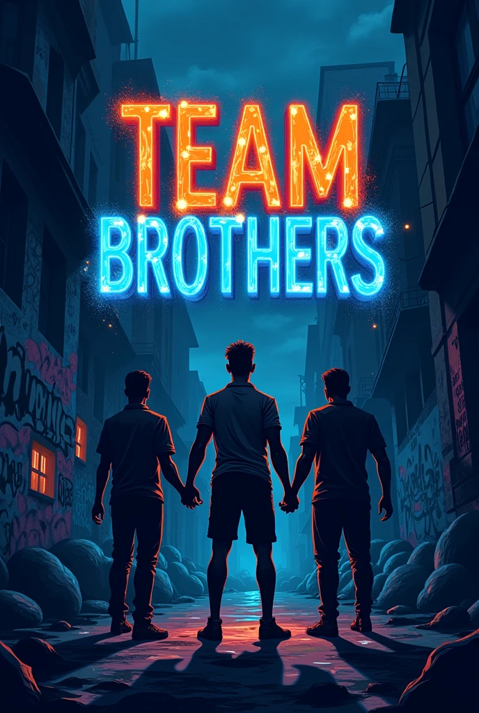 An illustrated background in dark colours with TEAM BROTHERS OFFICIAL written on top in bold colours
