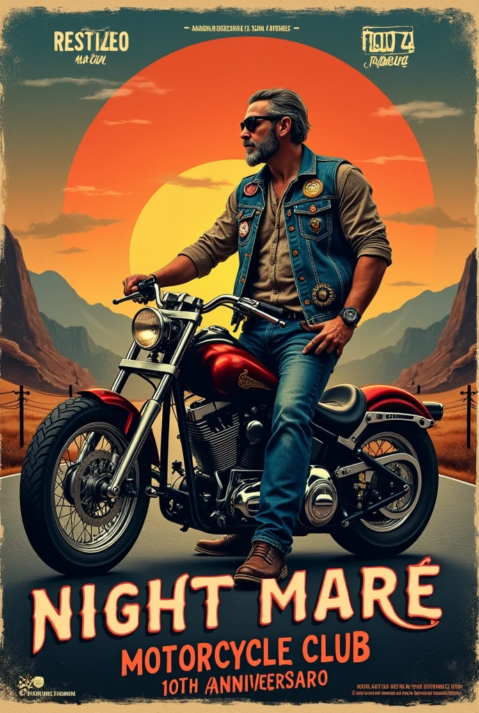 Vintage motorcycle event poster, written in Portuguese: 10th Anniversary of the Nightmare Motorcycle Club, biker with denim vest free sides to add information