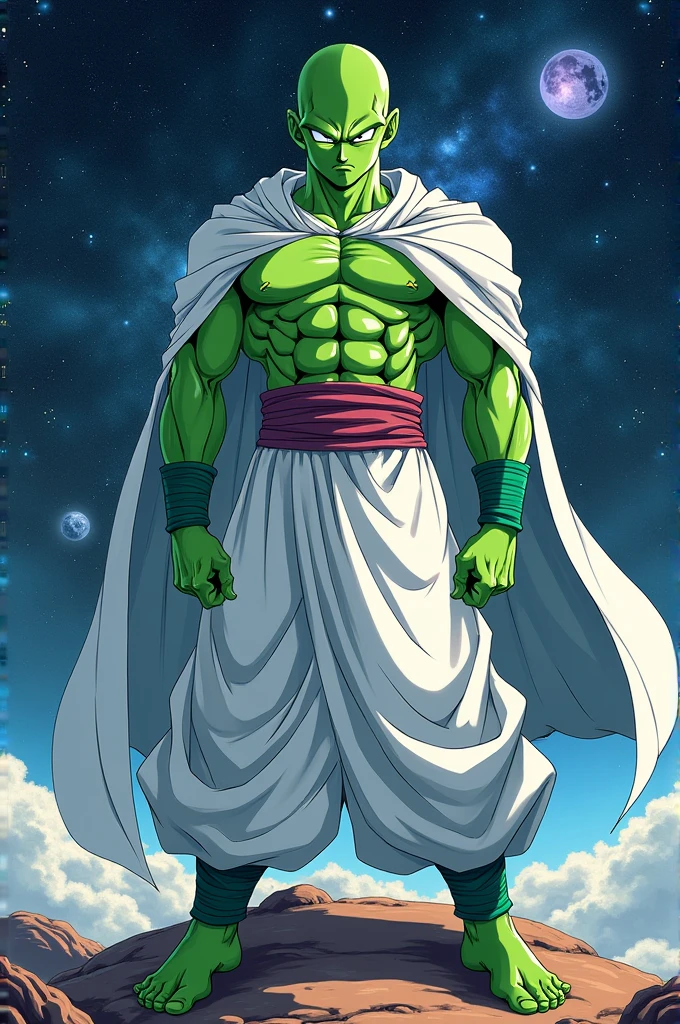create a namekian from the anime dragon ball, he wears a white cape with only one shoulder pad, has a medium height, well defined body.