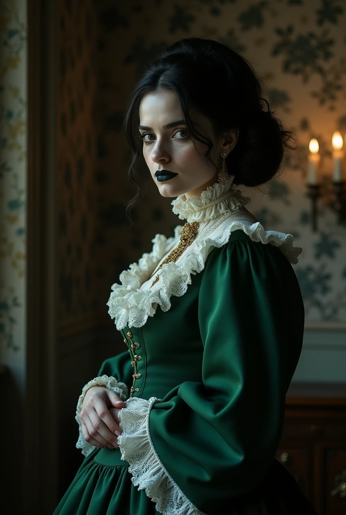 Pale older woman with black tied hair wearing a high-necked green dress with white ruffles, 1800s style, dark facial paint.
