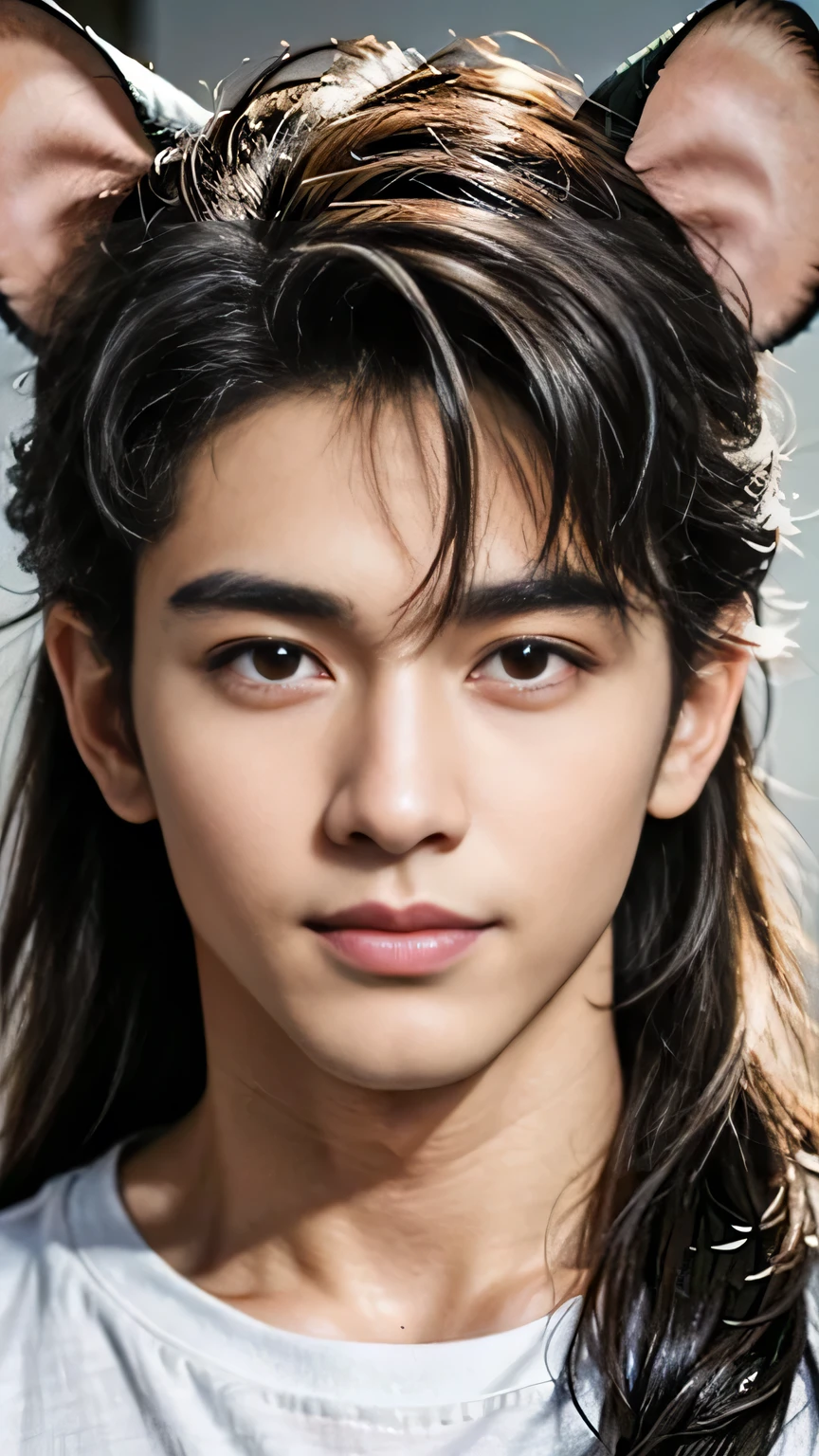 masterpiece, Highest quality, figure, Very detailed, In detail, High resolution, 8k wallpaper, Perfect dynamic composition, Beautiful Men、Super handsome、Beautiful attention to detail , Big eyes、Open the mouse, Sexy Face,A face of ecstasy,The face at the peak of sexual arousal, View your viewers, Childish and innocent expression、((smile))、((Australian/Japanese mix))、((super good looking guy ))、The skin is fine and smooth、No beard、((A beautiful face with a straight nose))、((Long hair like a rock star))、Thin but muscular、((Wearing a white T-shirt))
