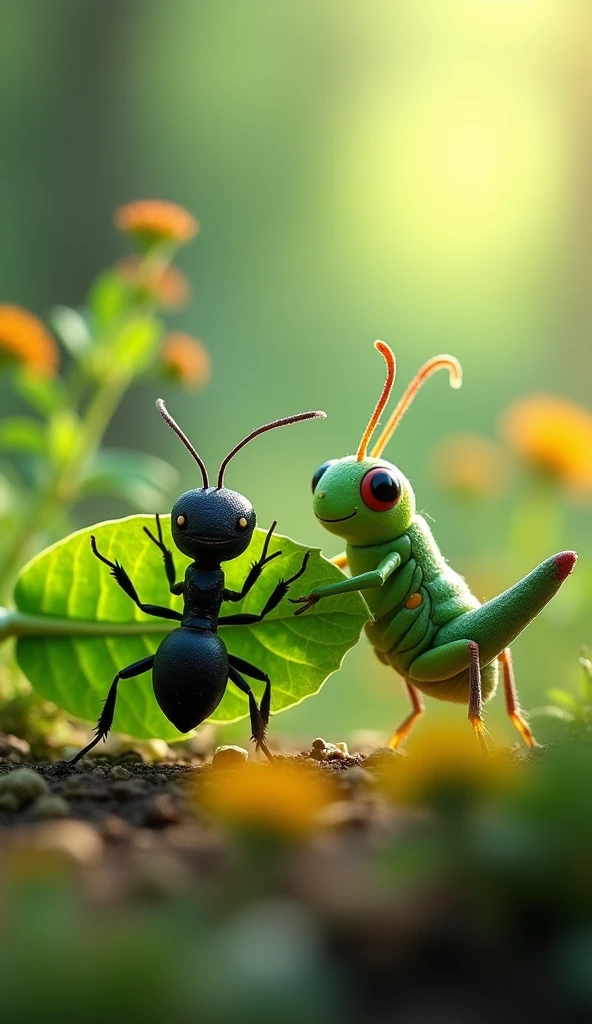 a smiling ant and a smiling grasshopper carrying a large green leaf, detailed insects, close-up, highly detailed, 4k, photorealistic, vibrant colors, soft lighting, nature, forest, cute, whimsical, magical, digital art