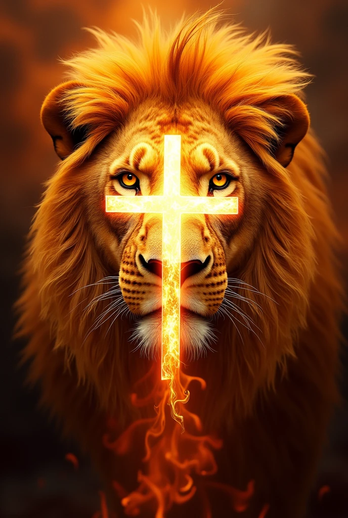 The face of a lion with a transparent cross in flames in the middle of his face